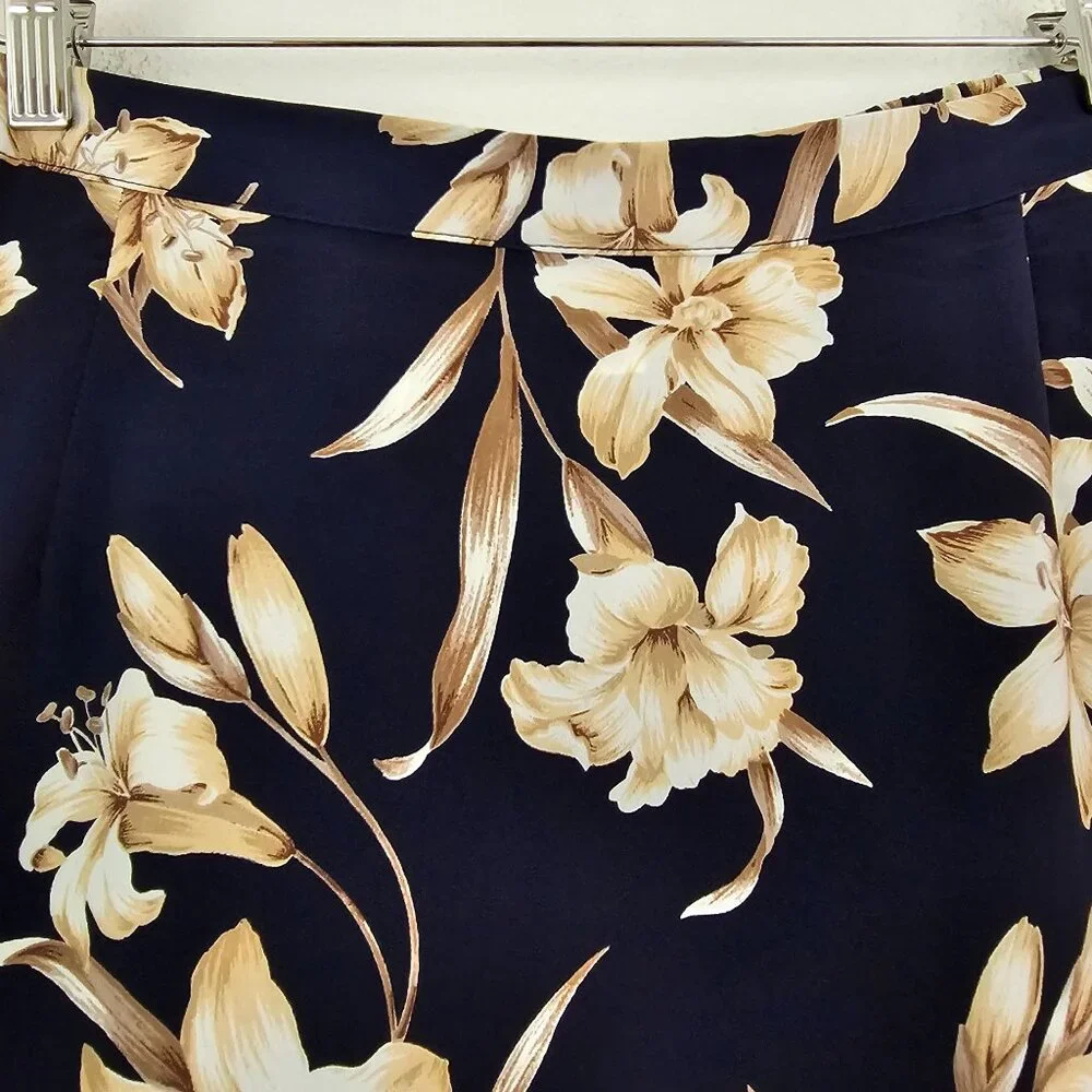 American Vintage Floral Lili Midi Skirt Sz 26W Navy Taupe Casual Work Boho Retro